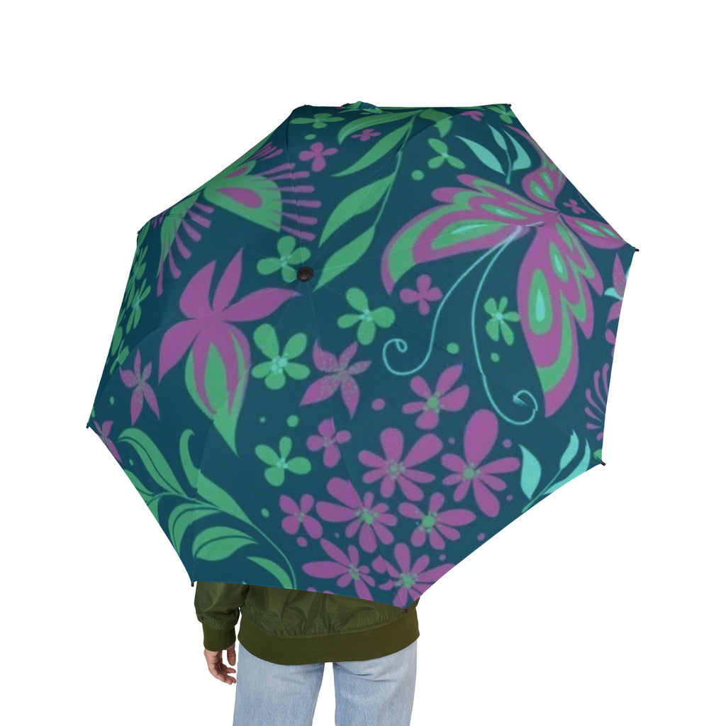Floral Foldable Umbrella — Teal & Purple Semi-Automatic Compact Rain Parasol