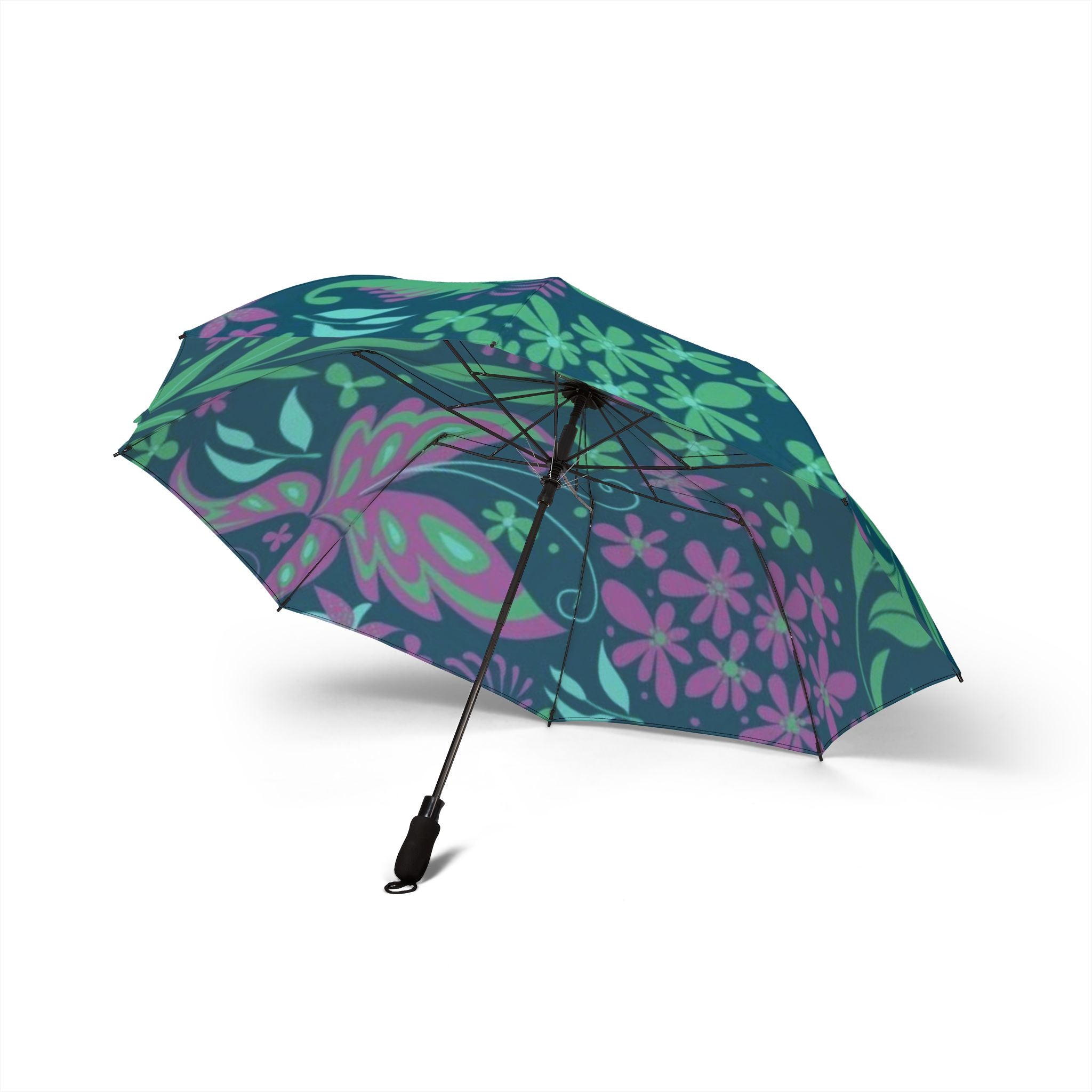 Floral Foldable Umbrella — Teal & Purple Semi-Automatic Compact Rain Parasol