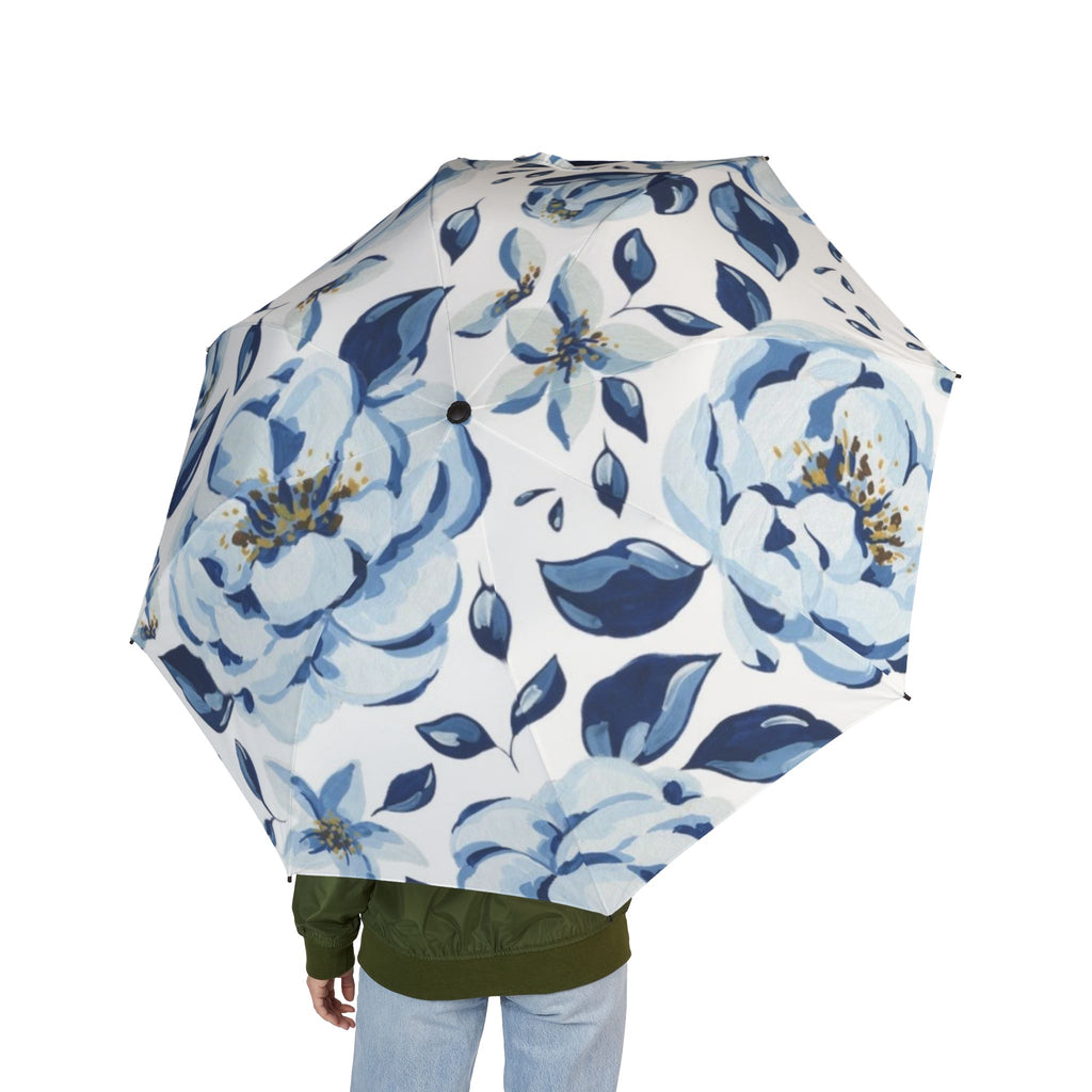 Foldable Umbrella — Blue Watercolor Floral Semi-Automatic Compact Umbrella