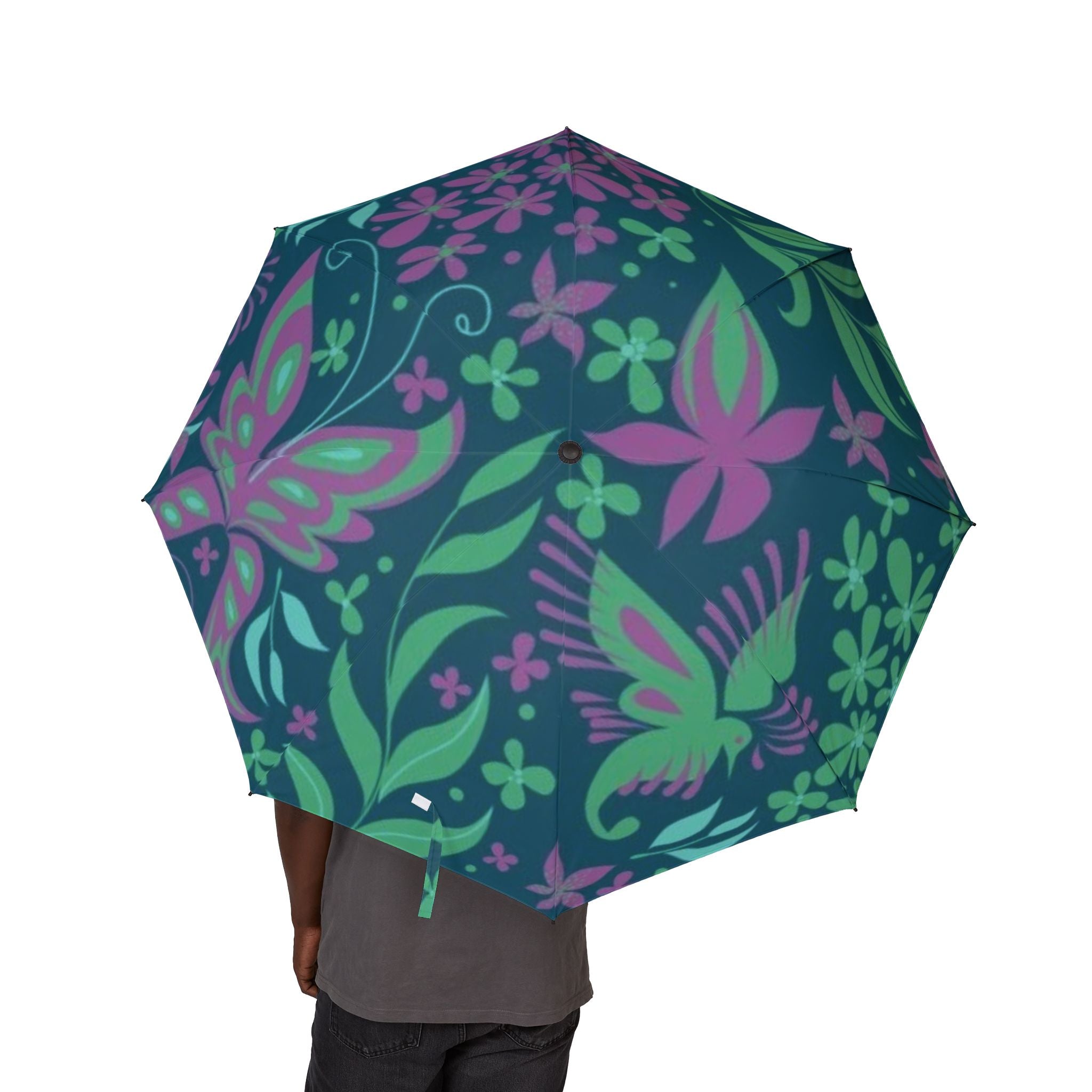 Floral Foldable Umbrella — Teal & Purple Semi-Automatic Compact Rain Parasol