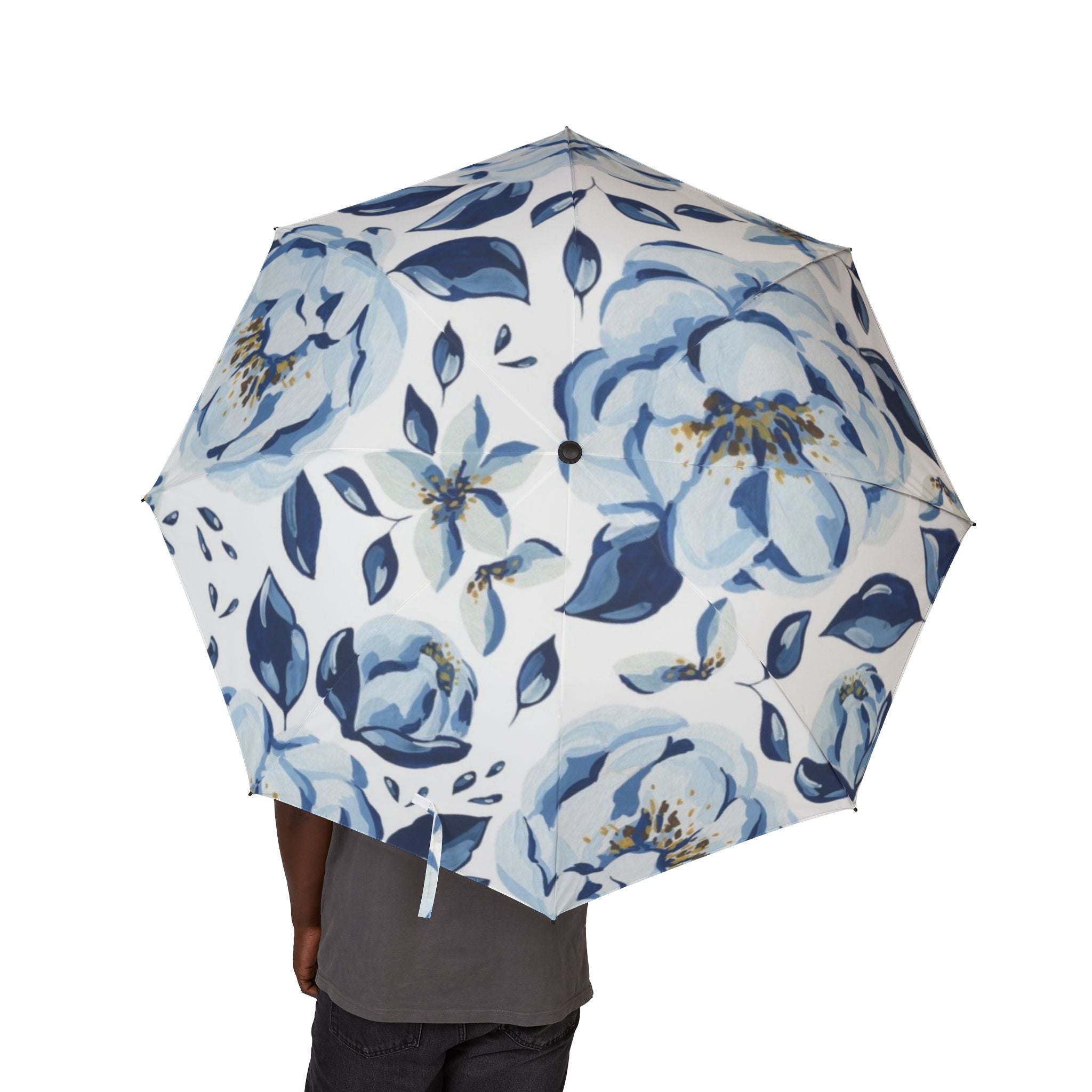 Foldable Umbrella — Blue Watercolor Floral Semi-Automatic Compact Umbrella